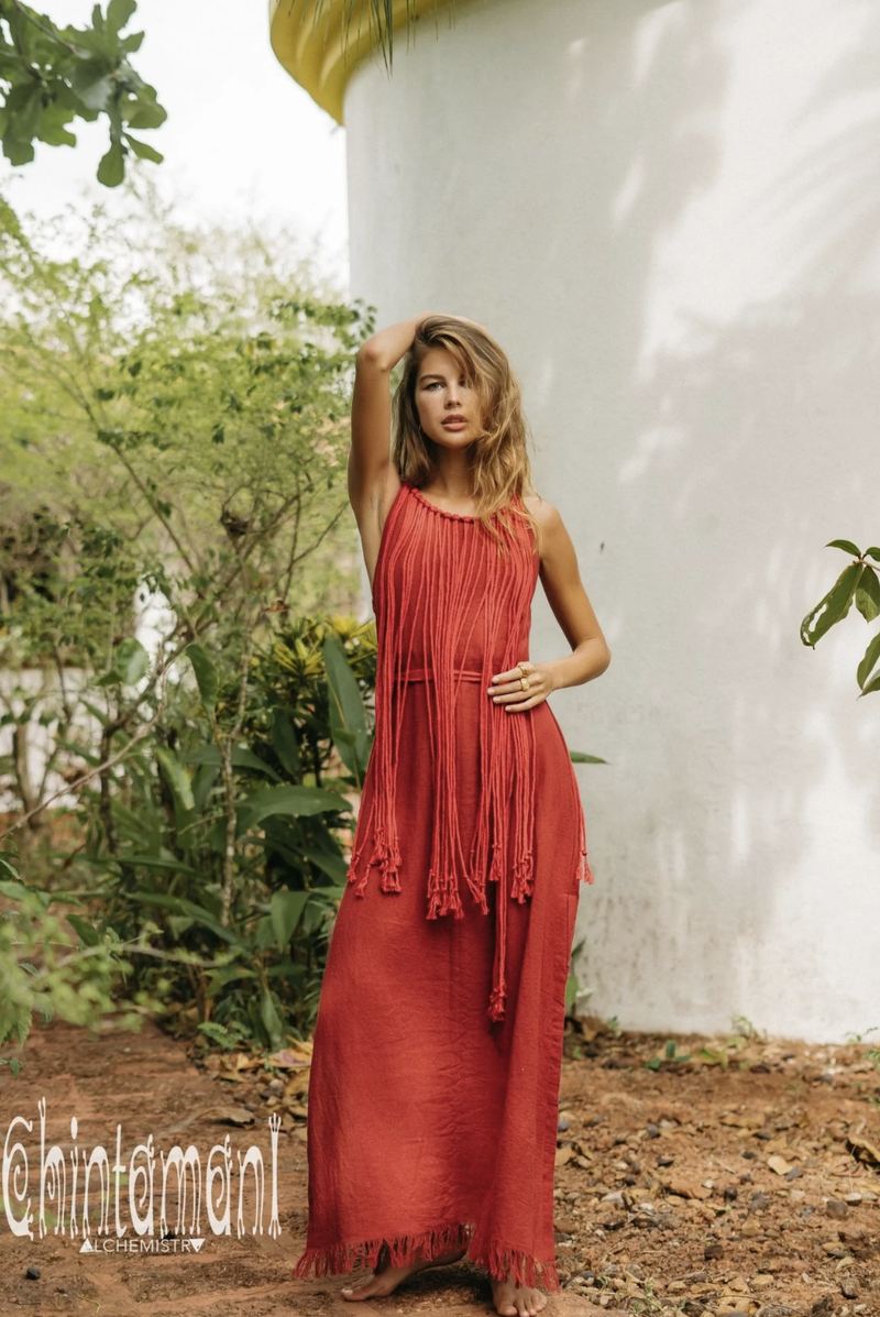Rope collar boho Red dress