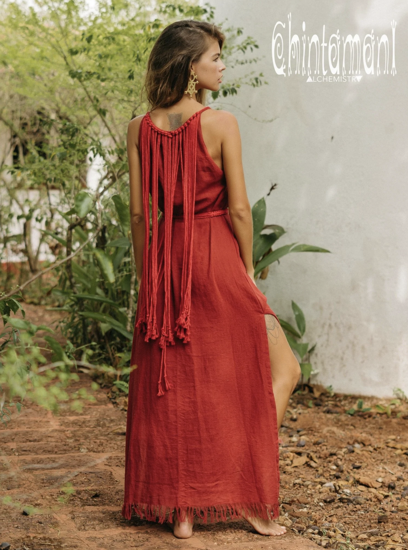 Rope collar boho Red dress