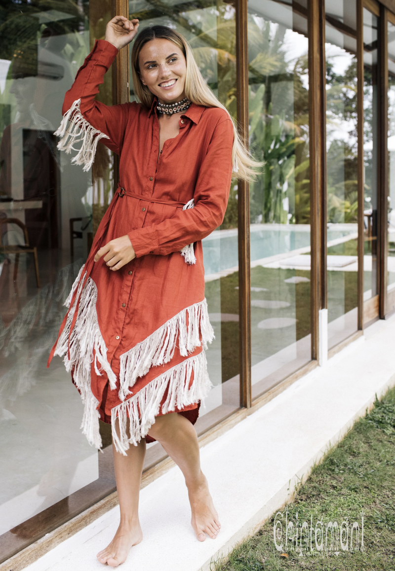 Red Boho linen dress