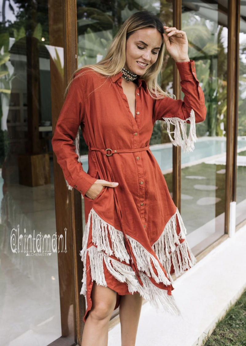 Red Boho linen dress