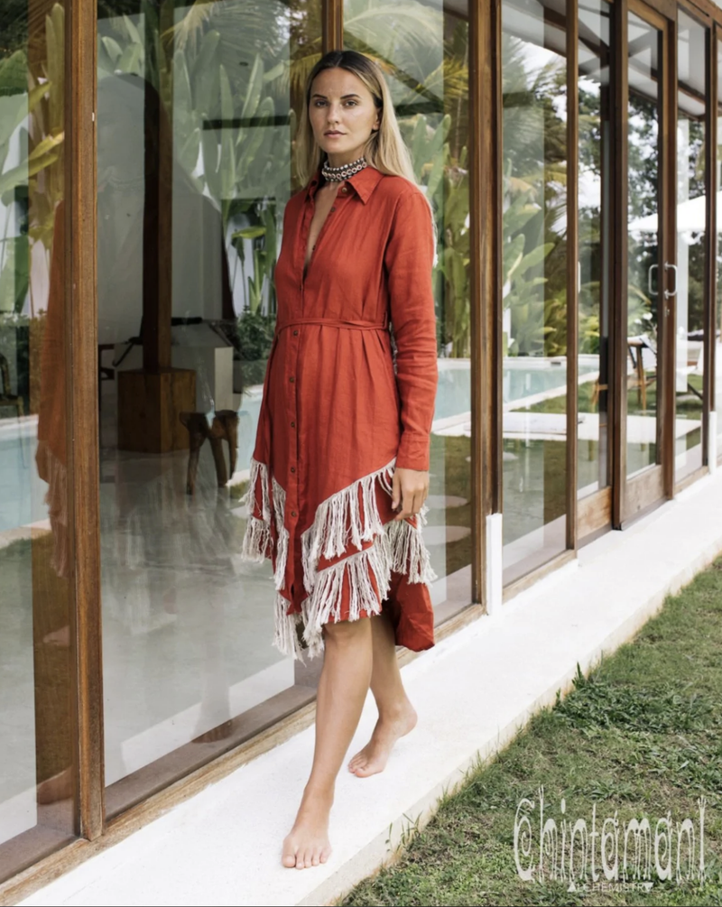 Red Boho linen dress