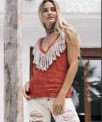 Red sleeveless linen boho top