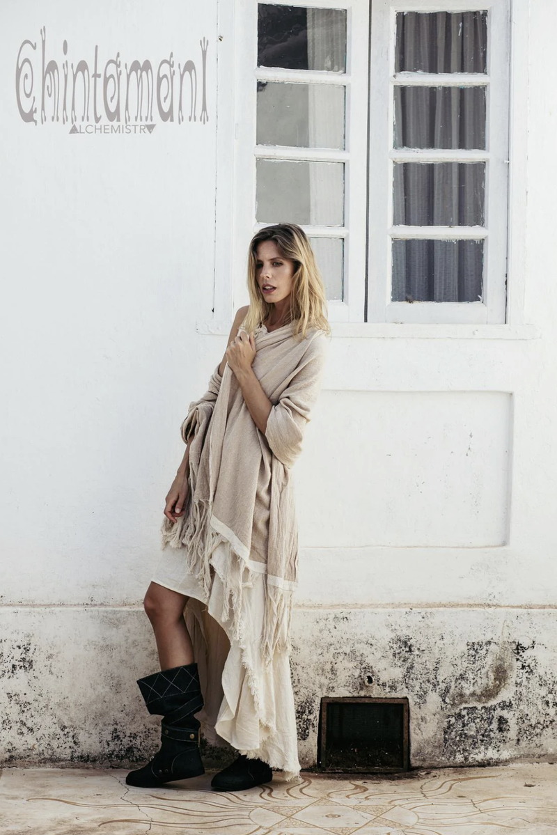 Beige Long fringe boho shawl