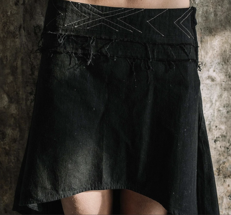 Asymmetrical Raw Cotton Wrap Skirt - Black