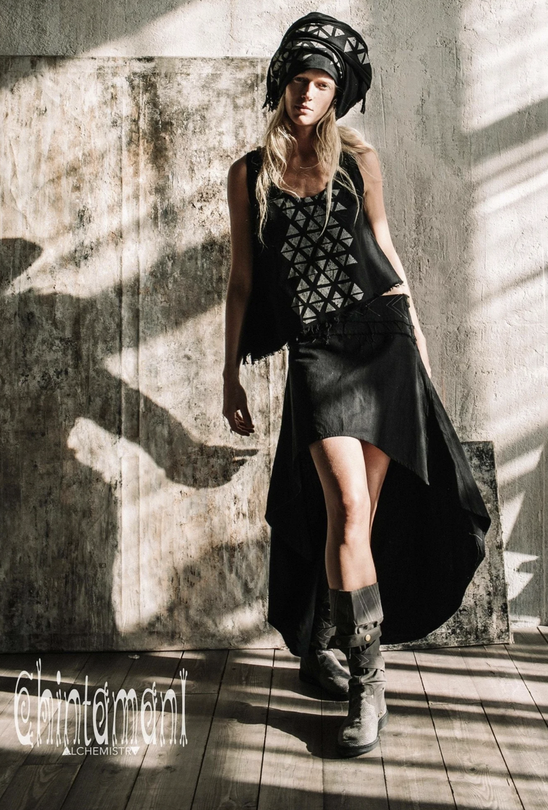 Asymmetrical Raw Cotton Wrap Skirt - Black